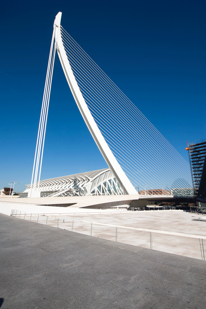 València El Pont de l’Assut de l’Or – a white cable stayed bridge crossing the Turia riverbed